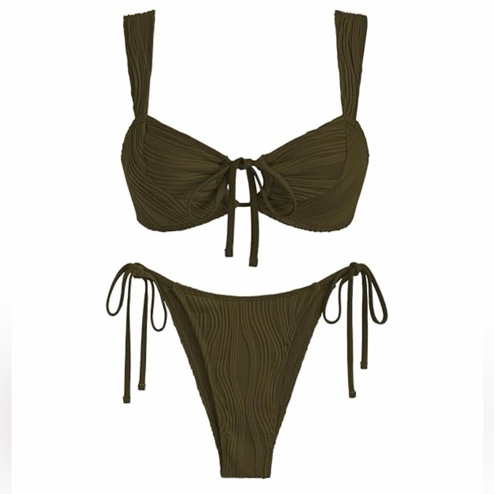 ZAFUL Women's Cinched Bikini Wave Textured Knotted Tied Side Two Piece Swimsuit